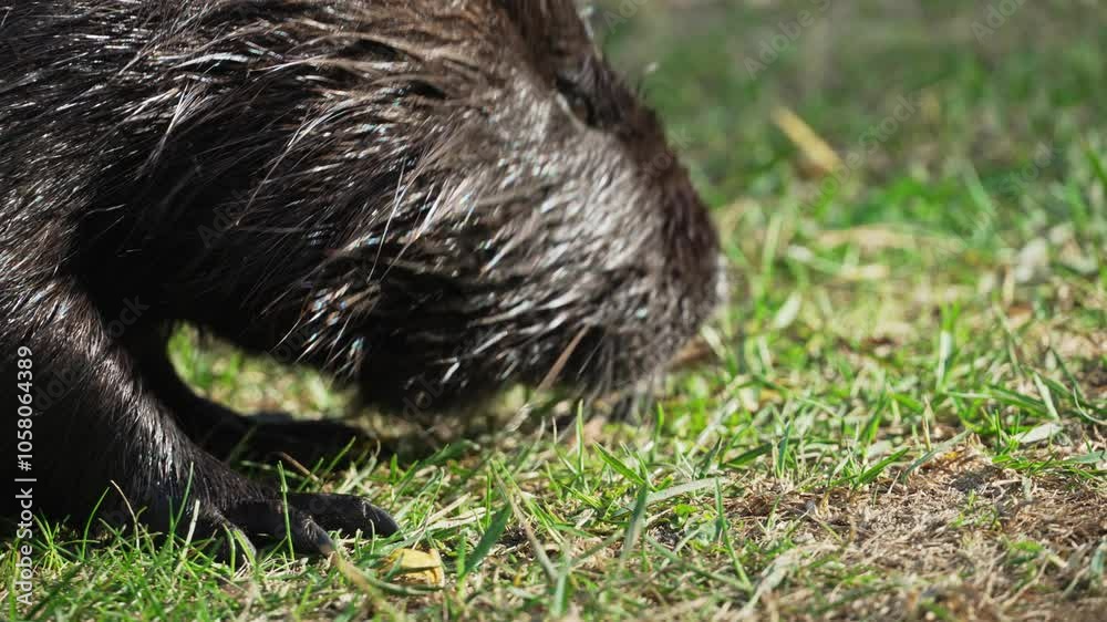 Black Nutria eating grass in a park on a lawn close up. The animal is also called coypu, water rat, semiaquatic rodent or myocastor coypus Black Nutria eating grass in a park on a lawn close up. The animal is also called coypu, water rat, semiaquatic rodent or myocastor coypus