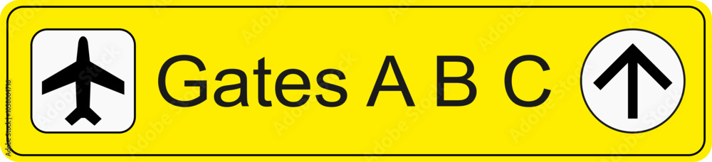 Yellow and black vector graphic of airport information terminal sign showing the direction of gate A,B and C Yellow and black vector graphic of airport information terminal sign showing the direction of gate A,B and C
