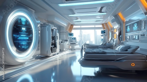 Futuristic hospital room with modern medical equipment and city view.