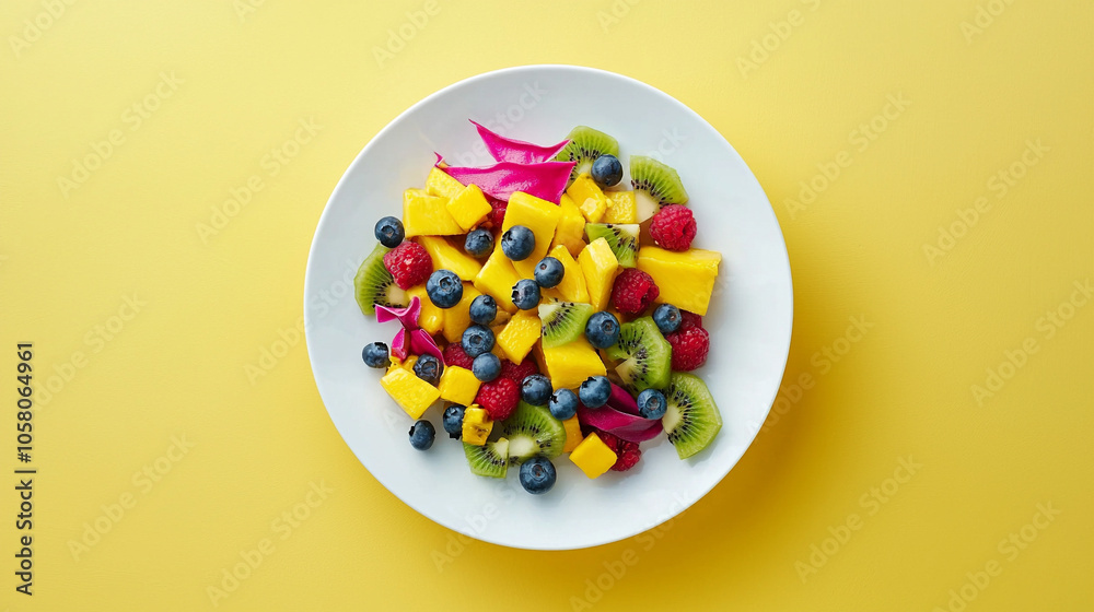 Overhead View of Vibrant Fruit Salad with Kiwi, Mango, Dragon Fruit, and Blueberries Overhead View of Vibrant Fruit Salad with Kiwi, Mango, Dragon Fruit, and Blueberries