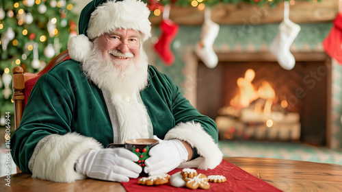 Santa Claus enjoying Christmas cookies and hot chocolate by the fireplace with decorated Christmas tree