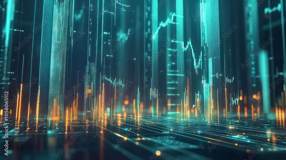 Abstract digital cityscape with glowing lines and data streams. Abstract digital cityscape with glowing lines and data streams.