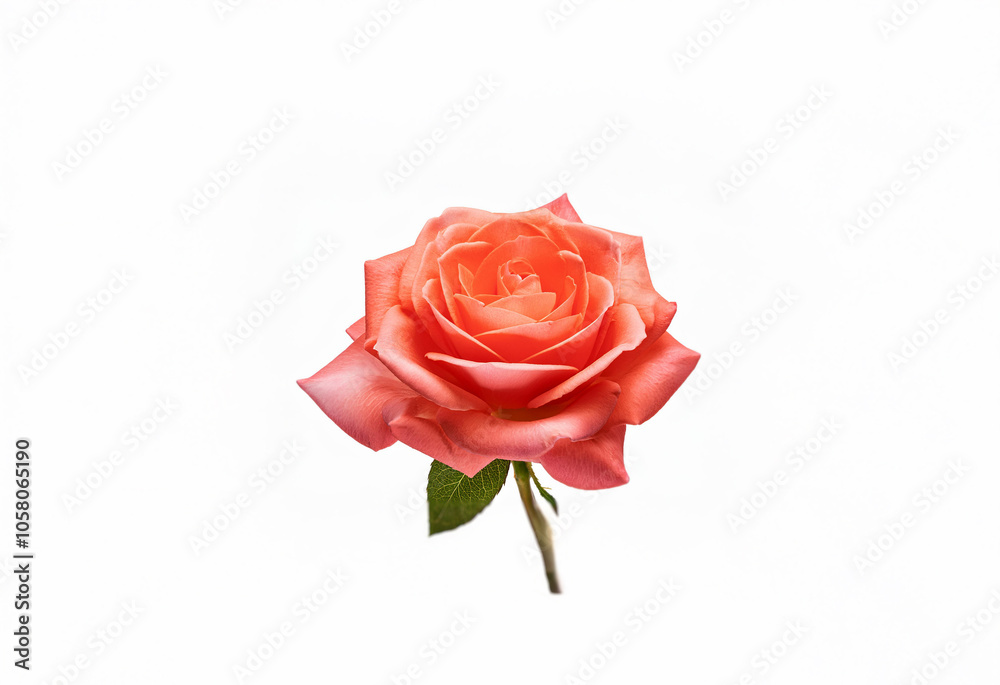 Fototapeta premium A single, delicate peach rose with a few leaves rests against a pure white background.