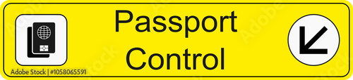 Yellow and black transparent png file of airport information terminal sign showing the direction of passport control