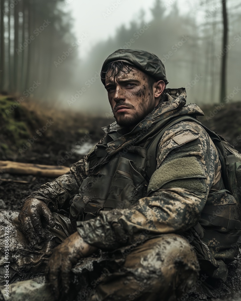 Fototapeta premium Soldier sitting in a muddy forest environment wearing a camouflage uniform and beret with a determined expression on his face