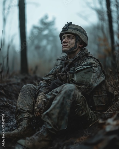 Pensive soldier in camouflage uniform sitting in forest during misty day reflecting on military duty and challenges photo