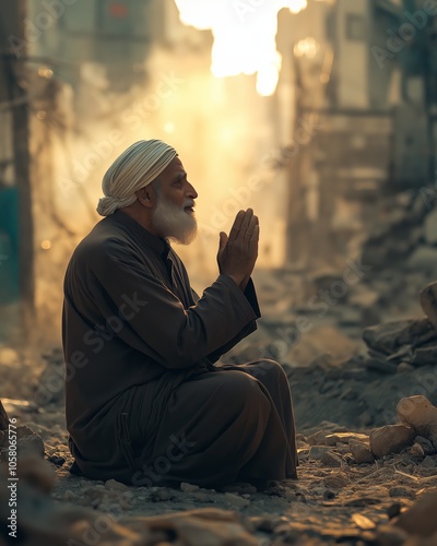 Elderly man in traditional attire praying earnestly amidst the ruins of a devastated urban area at sunset