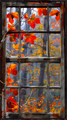 Vintage window with vibrant autumn leaves on glass, framed by a blurred fall landscape.