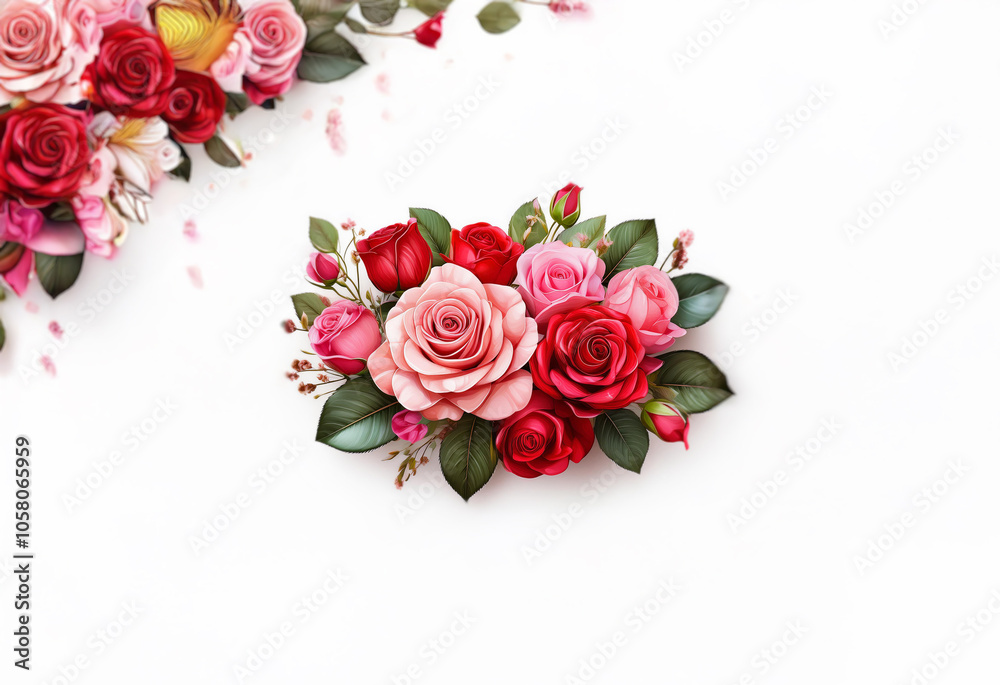 A cluster of pink and red roses, with green leaves and petals, sits on a white background. A cluster of pink and red roses, with green leaves and petals, sits on a white background.