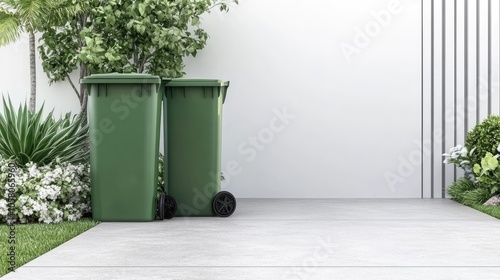 This backyard corner features a green wheelie bin set against a clean white background, creating a fresh and organized outdoor space