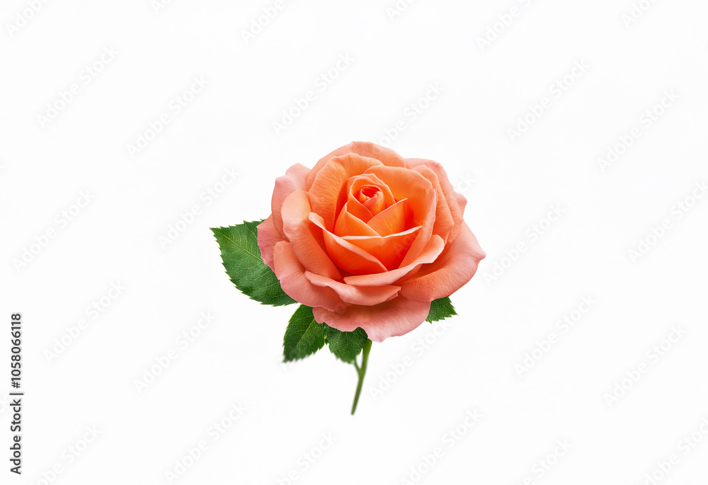 A single, light peach rose with green leaves on a white background. A single, light peach rose with green leaves on a white background.