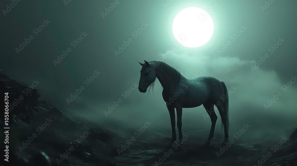 A lone white horse stands on a misty mountain peak under a full moon. A lone white horse stands on a misty mountain peak under a full moon.