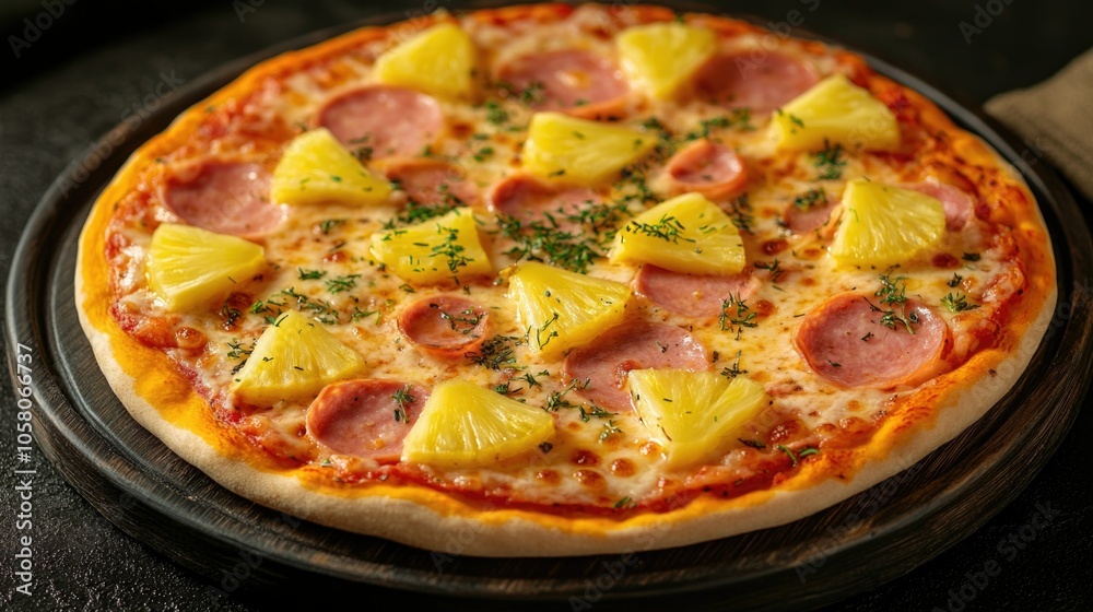 Delicious hawaiian pizza with pineapple, ham, and cheese on a wooden tray