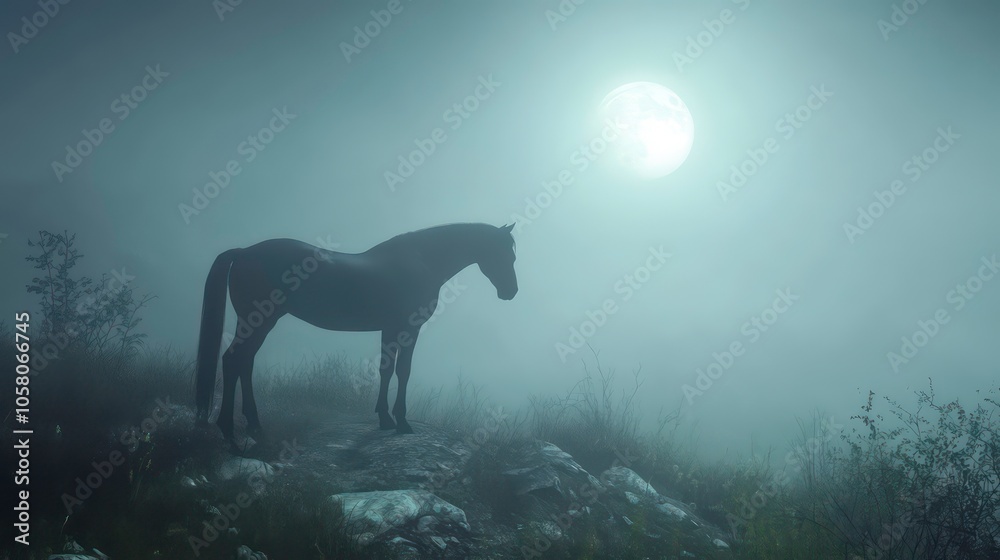 A lone horse stands on a hilltop silhouetted against the full moon in a foggy night. A lone horse stands on a hilltop silhouetted against the full moon in a foggy night.