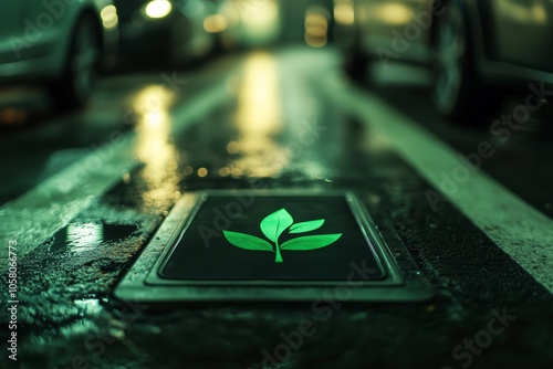 Illuminated green eco-friendly symbol on wet city street with blurred cars and lights at night