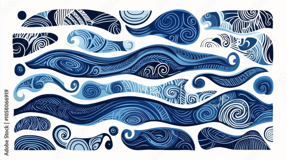 Abstract illustration with swirling wave patterns in various shades of blue featuring intricate line details and geometric shapes on a white background. Abstract illustration with swirling wave patterns in various shades of blue featuring intricate line details and geometric shapes on a white background.