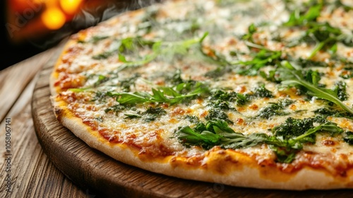 Freshly baked pizza with arugula and cheese on rustic wooden board