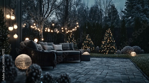 Cozy outdoor patio adorned with Christmas lights and festive decor invites winter gatherings in a serene evening setting photo