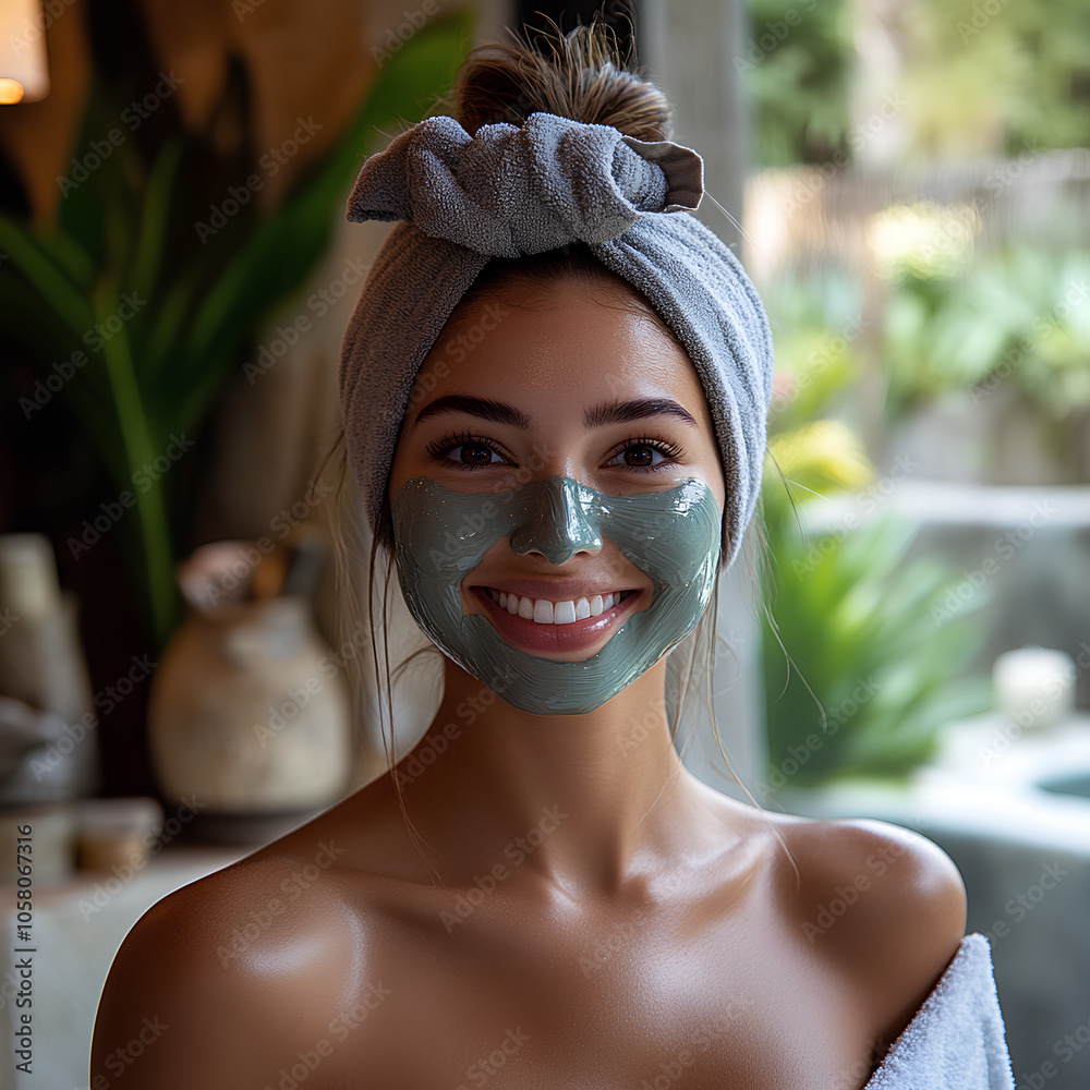 Woman with Clay Mask Smiling in Spa Woman with Clay Mask Smiling in Spa