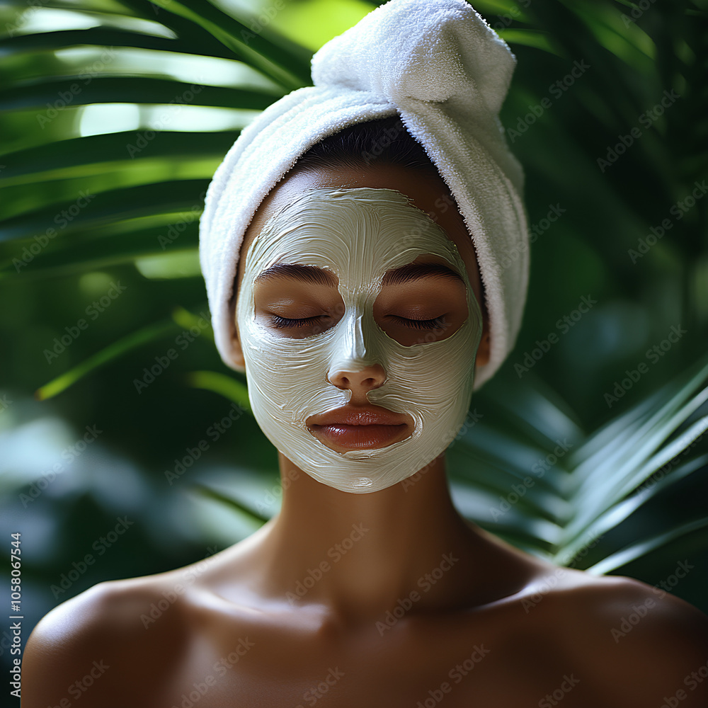 Woman with Facial Mask and Towel on Head in Tropical Setting Woman with Facial Mask and Towel on Head in Tropical Setting