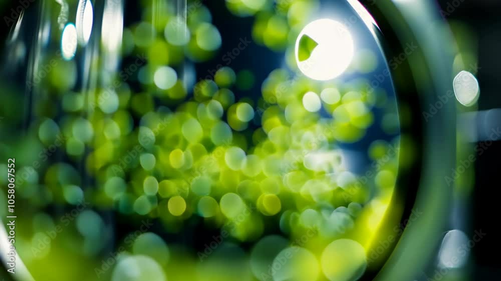 A close-up view of green bokeh lights through a glass lens, creating a bright and colorful abstract image