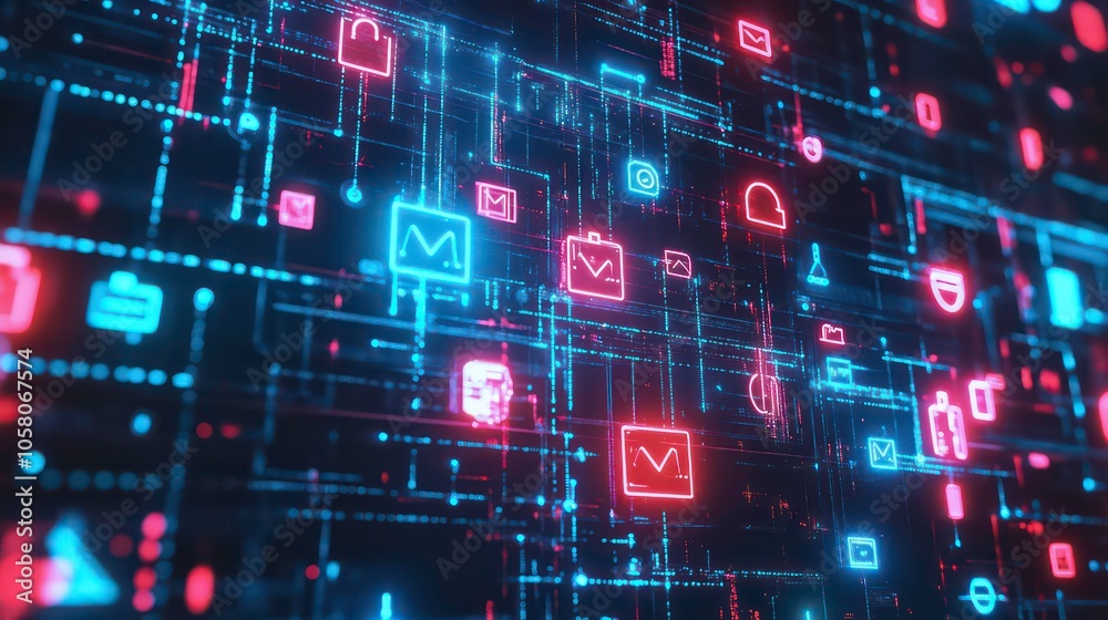 Abstract digital background with glowing icons and lines. Abstract digital background with glowing icons and lines.