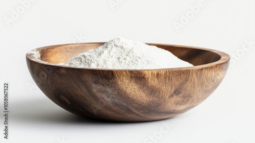 Rustic wooden bowl filled with white flour, adding a natural touch to cooking visuals, isolated on white background