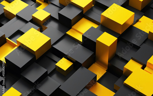 Abstract background with black and yellow squares and geometric cubes. Modern Technology Design