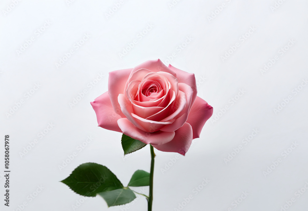 A single pink rose with green leaves against a white background. A single pink rose with green leaves against a white background.