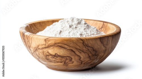 Rustic wooden bowl filled with white flour, capturing a simple, natural kitchen feel, isolated on white background