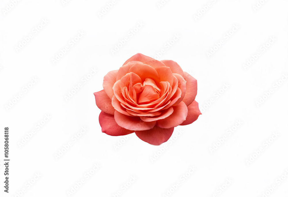 A single, fully bloomed coral pink rose with many petals sits against a plain white background. A single, fully bloomed coral pink rose with many petals sits against a plain white background.