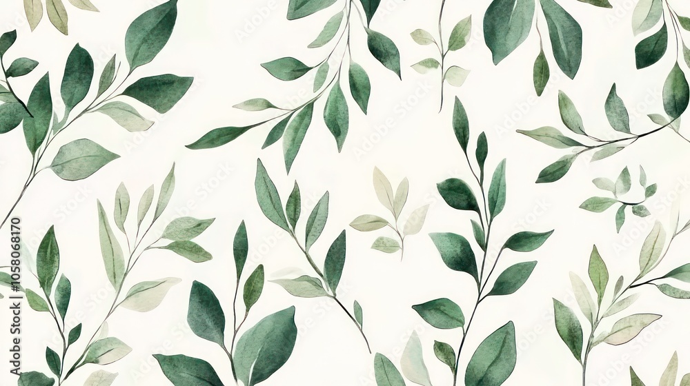 A seamless floral pattern featuring delicate green leaves and branches painted in watercolor A seamless floral pattern featuring delicate green leaves and branches painted in watercolor