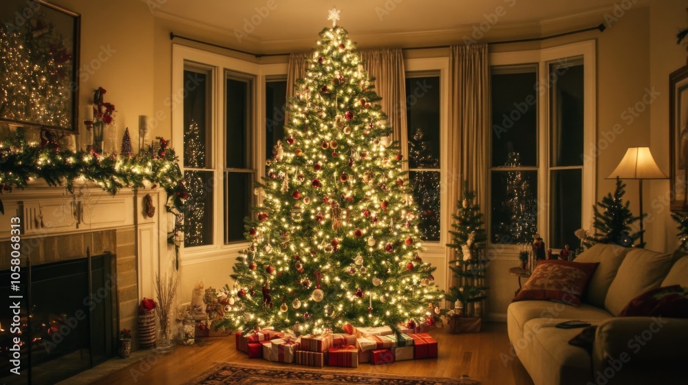 modern living room featuring a decorated Christmas tree with lights and presents, creating a cozy holiday atmosphere. modern living room featuring a decorated Christmas tree with lights and presents, creating a cozy holiday atmosphere.