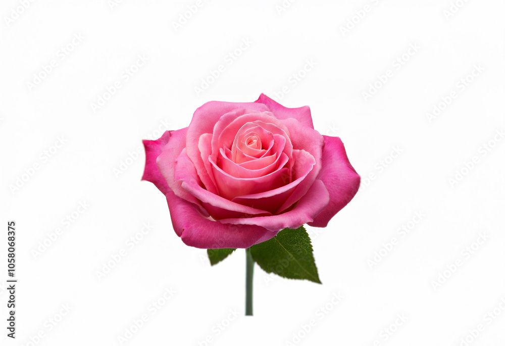 A single pink rose with green leaves and a white background. A single pink rose with green leaves and a white background.