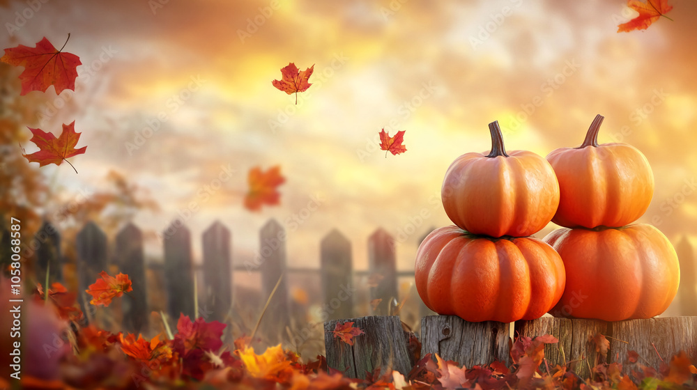 Pumpkins stacked on a fence post with autumn leaves falling in the background Pumpkins stacked on a fence post with autumn leaves falling in the background