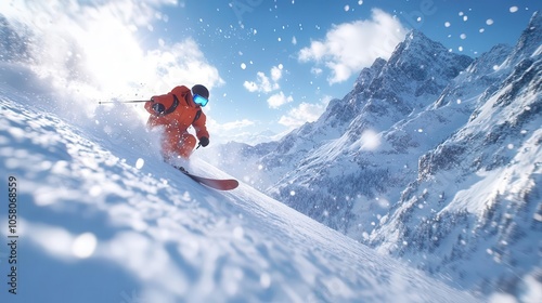 Skiing with glowing AR speed and trail data, vibrant snowy mountains, dynamic lighting, photorealistic