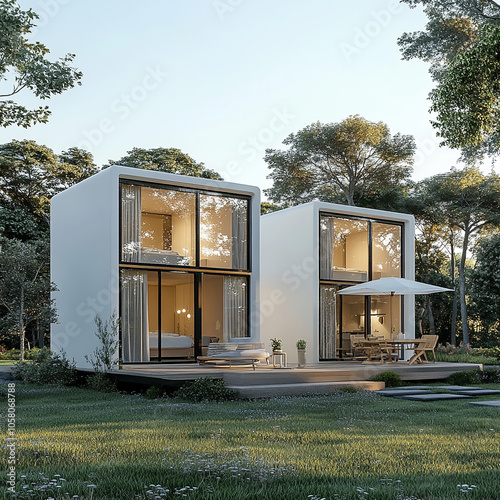 Design concept of an eco-friendly house made from biodegradable materials, in the form of two semi-tranquil cube blocks connected by glass windows and doors on one side of each block. The structure is