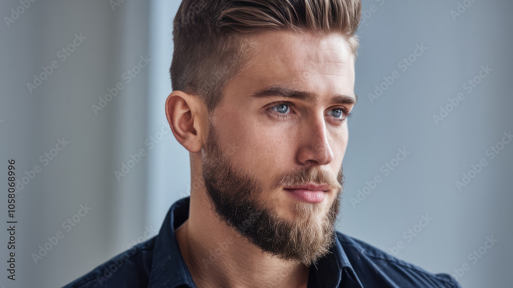 Fototapeta premium A man with a beard and blue eyes is wearing a blue shirt. He has a serious expression on his face