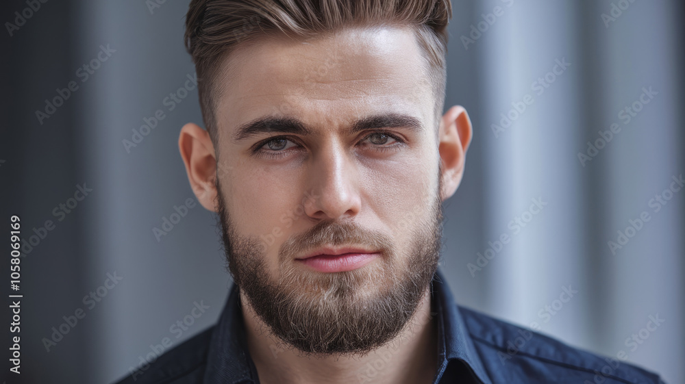 A man with a beard and a shaved head is wearing a blue shirt. He has a serious expression on his face A man with a beard and a shaved head is wearing a blue shirt. He has a serious expression on his face