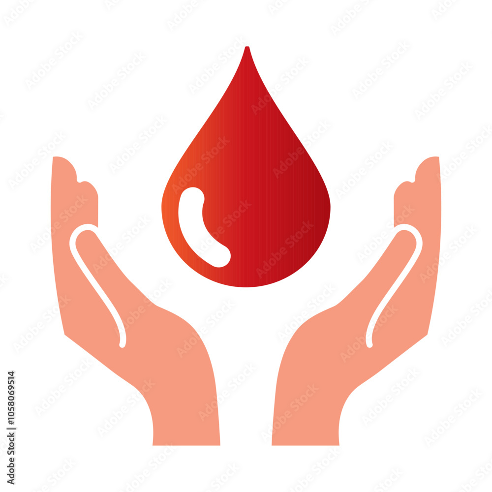 Obraz premium Two hands donate blood. World blood donor day concept. Red drop symbol of volunteer blood donation. Vector illustration isolated on white background. Blood for charity.