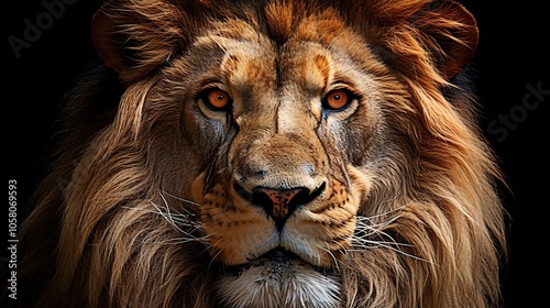 Close-up portrait of a majestic lion with intense orange eyes against a black background.