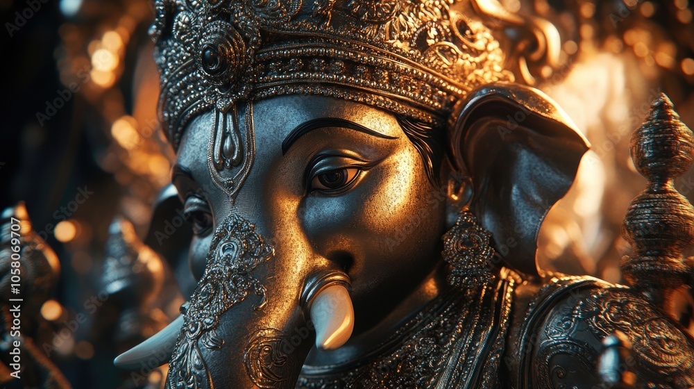 Obraz premium Close-up of a detailed Ganesha statue, the Hindu god of wisdom, with a golden hue.