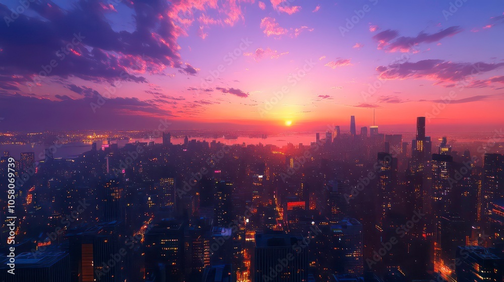 Obraz premium A breathtaking aerial view of a city skyline at sunset, with vibrant pink and purple hues in the sky.