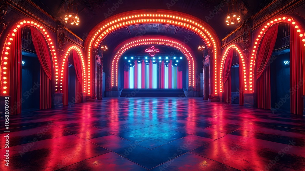 Obraz premium Illuminated circus stage showcasing vintage arches and vibrant red curtains display image
