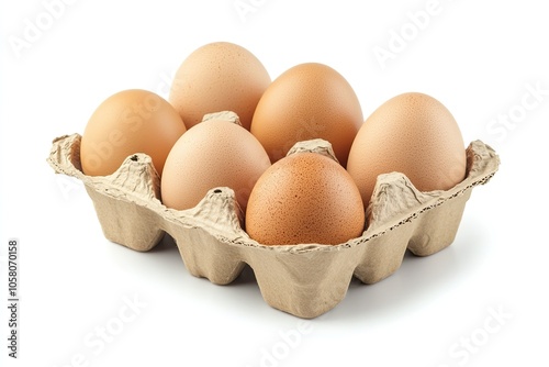 Chicken eggs packed in cardboard tray, isolated on white background