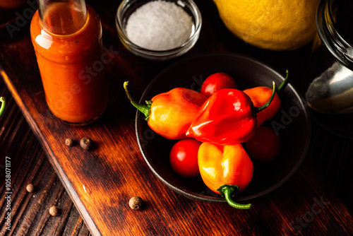 Superhot Habanero Peppers: Fresh and Spicy Chili with Ingredients on a Wooden Background photo