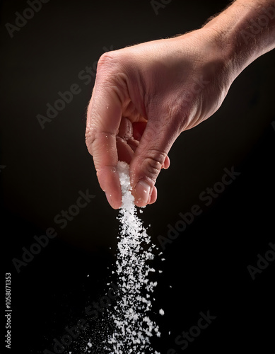 A hand holds some salt with its fingertips and sprinkles it on the surface on a black background