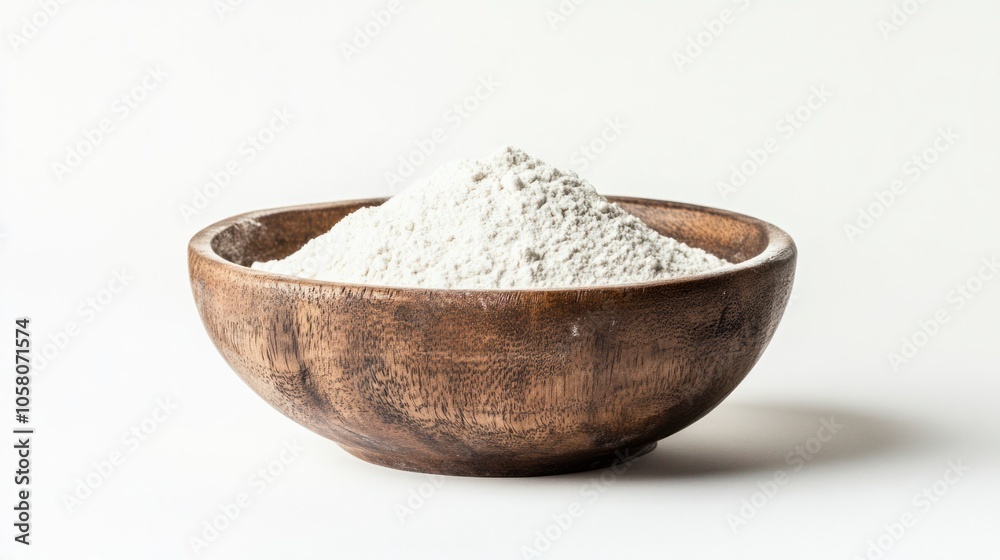 Rustic wooden bowl with a heap of flour, symbolizing simplicity in cooking, isolated on white background Rustic wooden bowl with a heap of flour, symbolizing simplicity in cooking, isolated on white background
