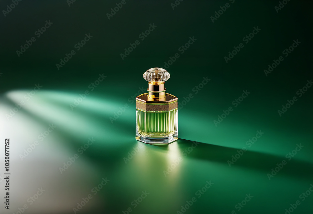 A glass bottle of perfume with a gold cap sits on a green surface with a ray of light illuminating it. A glass bottle of perfume with a gold cap sits on a green surface with a ray of light illuminating it.