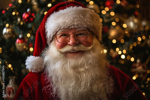 Traditional Santa Claus with a red hat and bushy beard smiling warmly amidst soft holiday lights embodying classic Christmas charm and festive joy